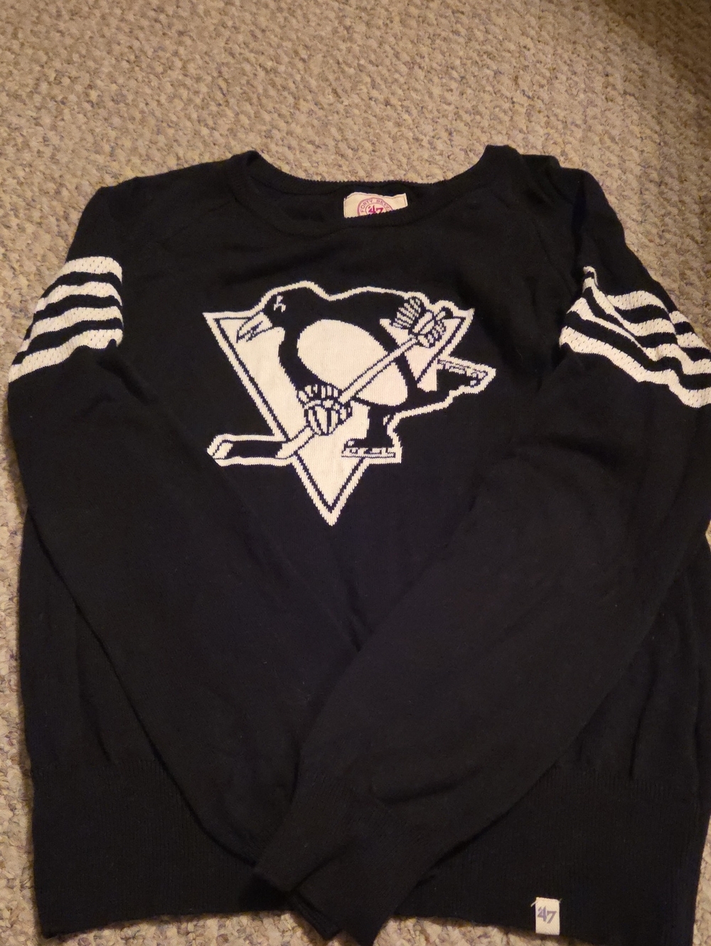 Black Pullover Sweater with White Penguin Hockey Logo